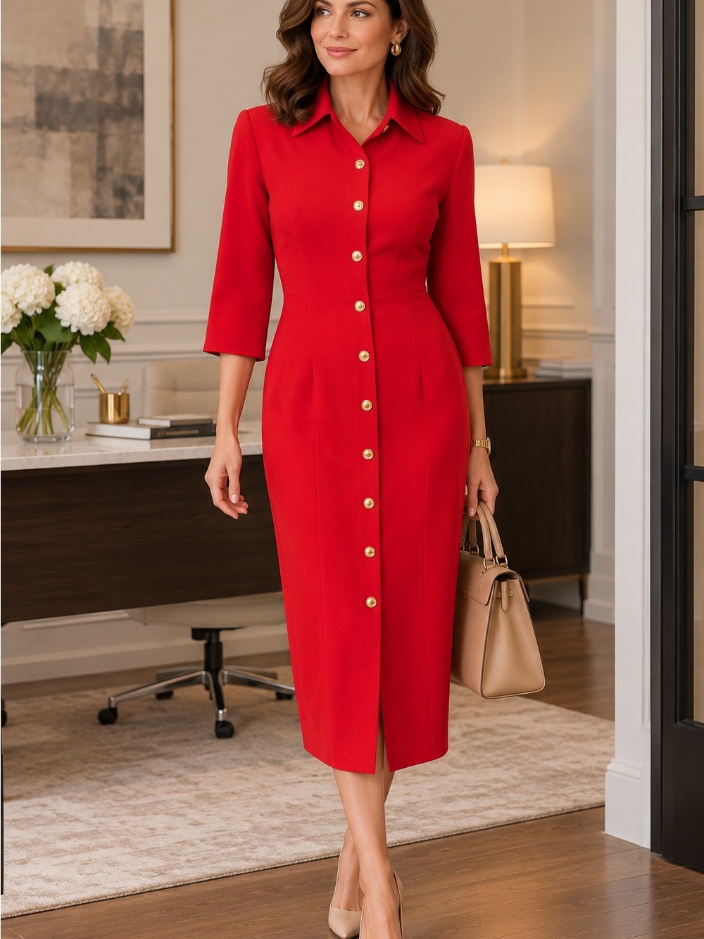 Talbots Red Old Money Midi Dress Gold Buttons Petite Size 8